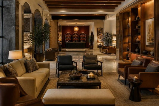 Lobby de hotel con mobiliario contract: salas, sillones y mesas de centro – Grupo Decos Guadalajara