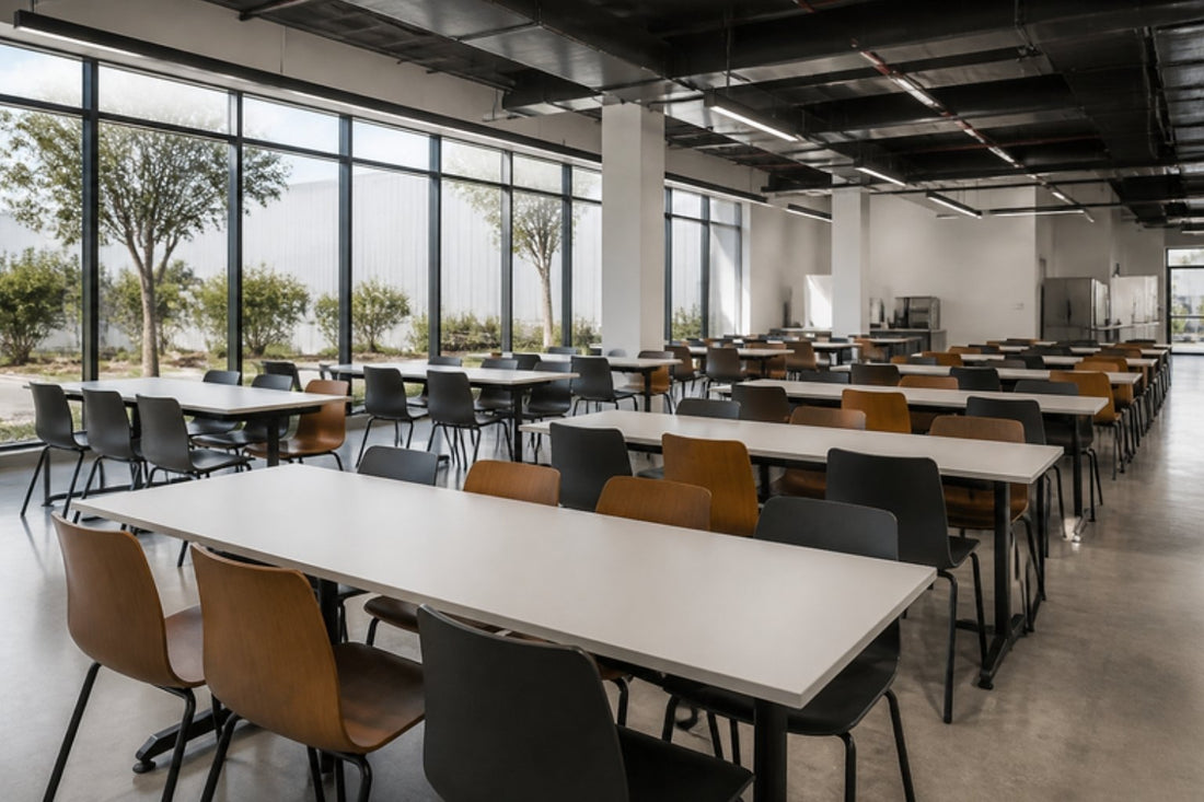 Comedor industrial con mesas de cubierta blanca y sillas apilables junto a ventanales – mobiliario para comedor industrial en Guadalajara