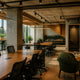 Mobiliario para coworking en Guadalajara: mesas compartidas de madera, sillas ergonómicas de malla y zona lounge con sillones