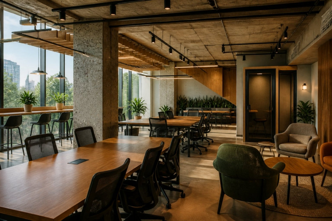 Mobiliario para coworking en Guadalajara: mesas compartidas de madera, sillas ergonómicas de malla y zona lounge con sillones