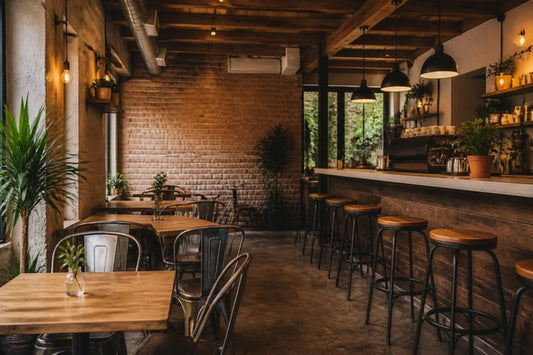Cafetería con mesas de madera, sillas y bancos altos de barra – mobiliario para cafetería Grupo Decos